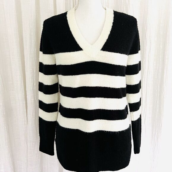 Calvin Klein Black & White Striped Wool Blend Soft Stretchy Cozy Sweater Small - Picture 1 of 8